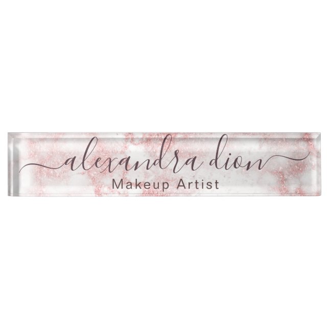 Elegant rose gold glitter marble makeup artist nameplate (Front)