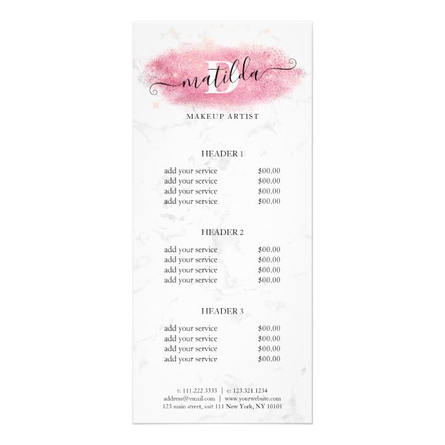Elegant rose gold glitter marble makeup artist rack card (Front)