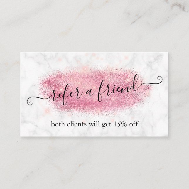 Elegant rose gold glitter marble makeup artist referral card (Front)