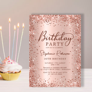 Elegant Rose Gold Glitter Metal 30th Birthday  Invitation