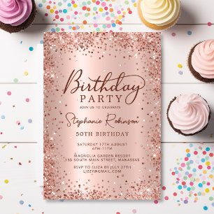 Elegant Rose Gold Glitter Metal 50th Birthday Invitation