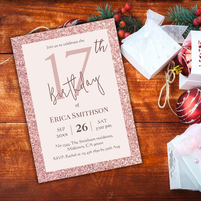 Elegant Rose Gold Glitter modern 17th Birthday  Invitation (Creator Uploaded)