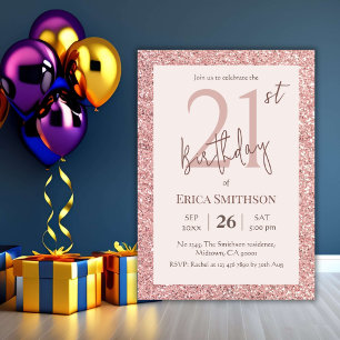 Elegant Rose Gold Glitter modern 21st Birthday In Invitation
