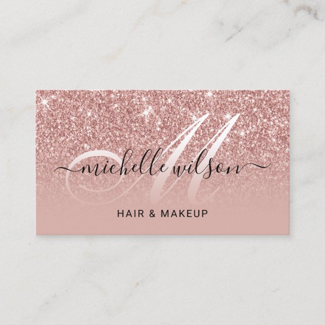 Elegant Rose Gold Glitter Monogram Beauty Salon Business Card (Front)