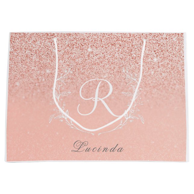 Elegant Rose Gold Glitter Monogram  Large Gift Bag (Front)