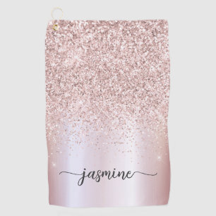 Elegant Rose Gold Glitter Monogram Name Script Golf Towel
