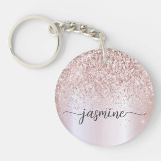 Elegant Rose Gold Glitter Monogram Name Script Key Ring