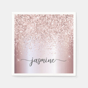 Elegant Rose Gold Glitter Monogram Name Script Napkin