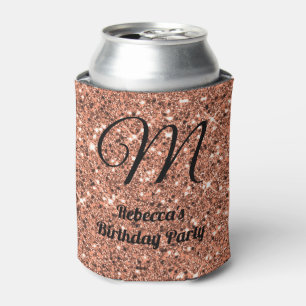 Elegant Rose Gold Glitter Monogram Party Black  Can Cooler