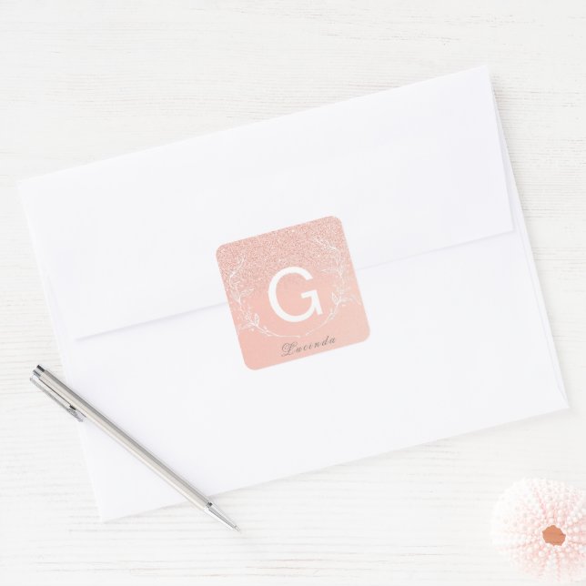 Elegant Rose Gold Glitter Monogram Sticker (Envelope)
