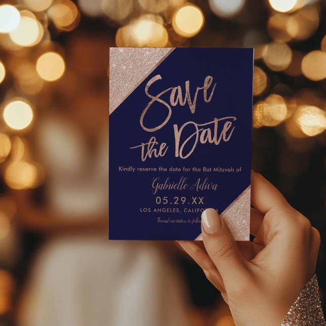 Elegant Rose Gold Glitter Navy Blue Bat Mitzvah Announcement Postcard (Elegant Rose Gold Glitter Navy Blue Bat Mitzvah Announcement Postcard)
