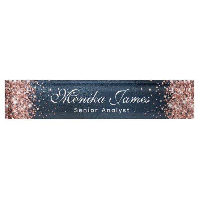 Elegant Rose Gold Glitter Navy Blue Foil  Nameplate (Front)
