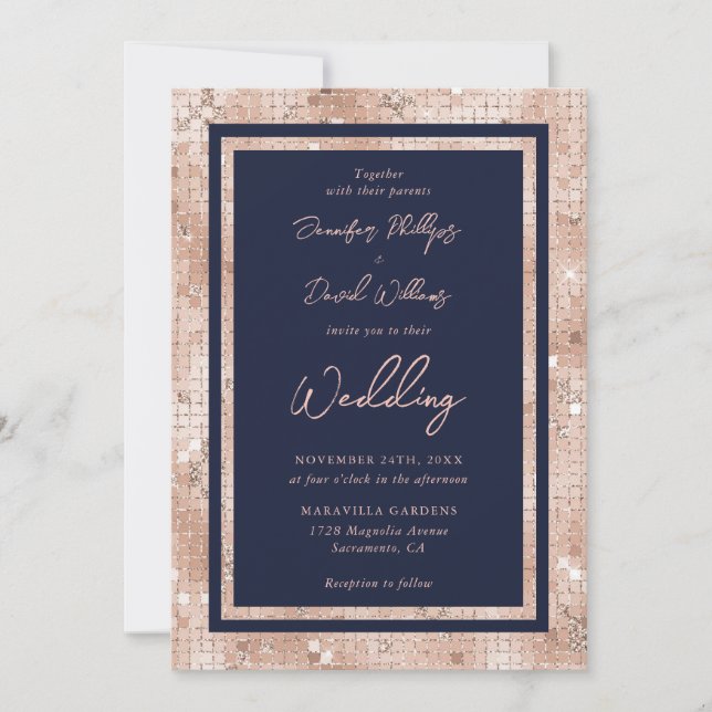 Elegant Rose Gold Glitter Navy Blue Wedding Invitation (Front)