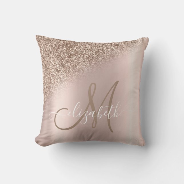 Elegant Rose Gold Glitter Ombre Monogram Cushion (Front)