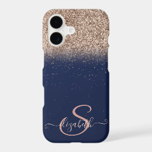 Elegant Rose Gold Glitter Ombre,Navy Blue Monogram