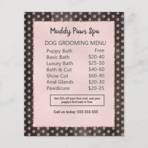 Elegant Rose Gold Glitter Paws Dog Grooming Menu