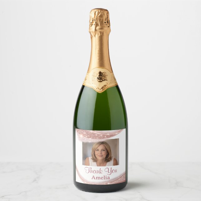 Elegant Rose Gold Glitter Photo Birthday Sparkling Wine Label (Front)