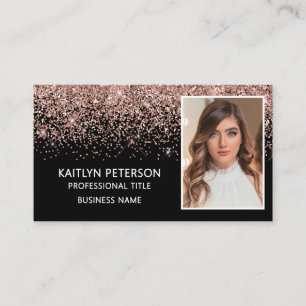 Elegant Rose Gold Glitter Photo QR Code Black Business Card