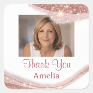 Elegant Rose Gold Glitter Photo Thank You Birthday Square Sticker