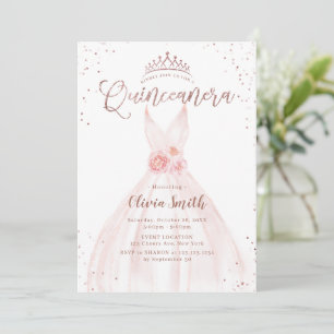 Elegant rose gold glitter pink dress quinceañera i invitation
