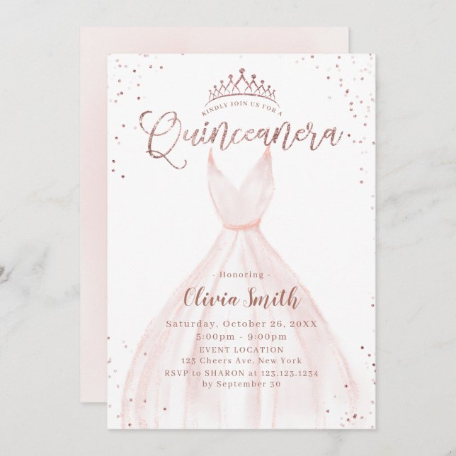 Elegant rose gold glitter pink dress quinceañera i invitation (Front/Back)