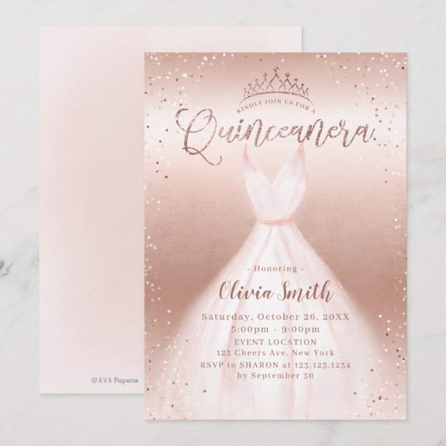 Elegant rose gold glitter pink dress quinceañera invitation (Front/Back)