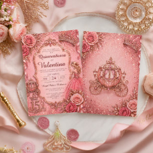 Elegant Rose Gold Glitter Princess Quinceañera  Invitation