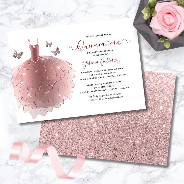 Elegant Rose Gold Glitter Quinceañera Dress Invitation (Elegant Rose Gold Glitter Quinceañera Dress Invitation)