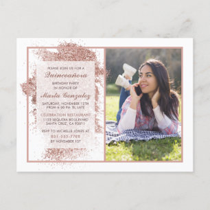 Elegant Rose Gold Glitter Quinceañera Party Photo Invitation Postcard