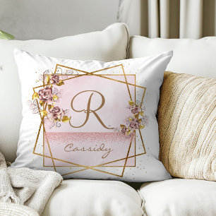 Elegant Rose Gold Glitter Rose Monogram  Cushion