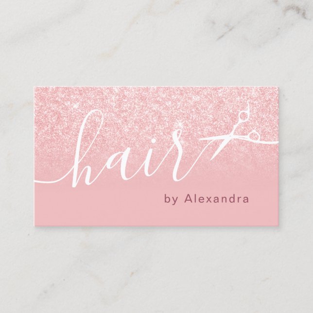 Elegant rose gold glitter scissors hairstylist business card (Front)