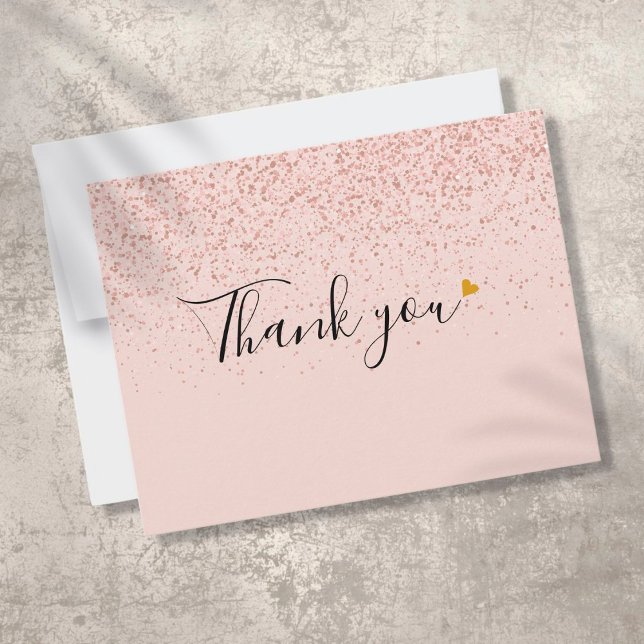 Elegant Rose Gold Glitter Script Gold Heart Thank You Card (Creator Uploaded)