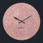 Elegant rose gold glitter script name   large clock<br><div class="desc">Modern wall clock with a girly rose gold glitter background design and a hand lettered black script. Personalise with your name.</div>