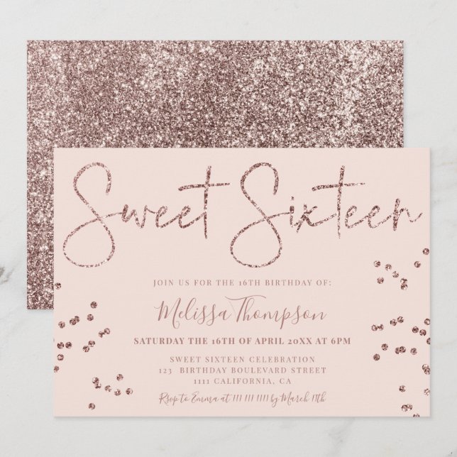 Elegant rose gold glitter script pink Sweet 16 Invitation (Front/Back)