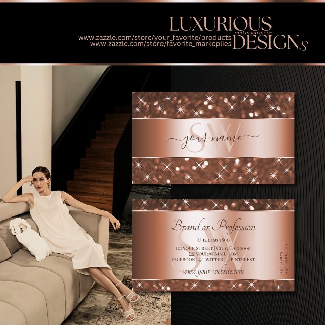Elegant Rose Gold Glitter Sparkle Stars Initials  Business Card (Creator Uploaded)