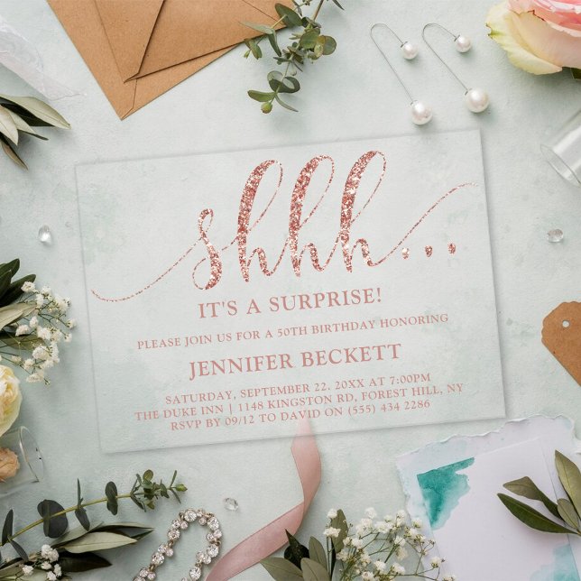 Elegant Rose Gold Glitter Surprise Birthday Party Acrylic Invitations (Creator Uploaded)