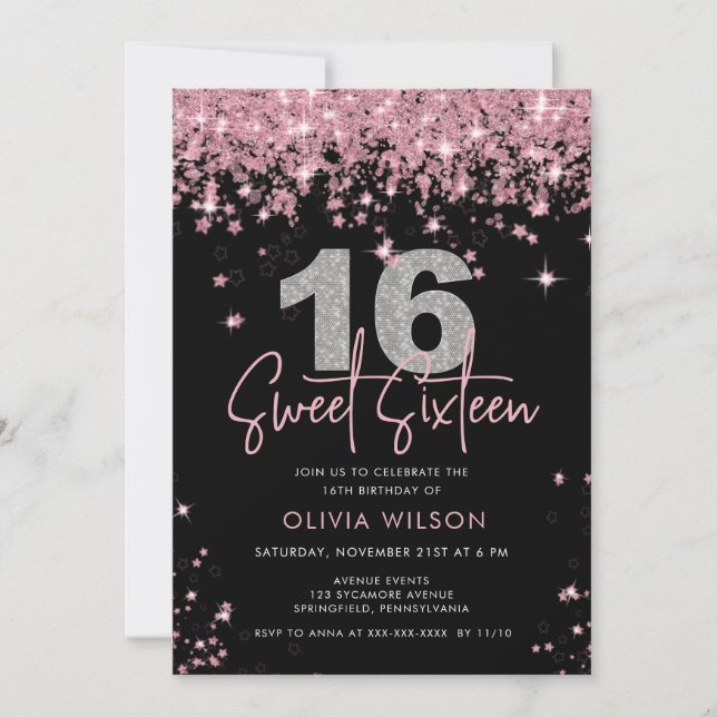 Elegant Rose Gold Glitter Sweet Sixteen Birthday Invitation (Front)