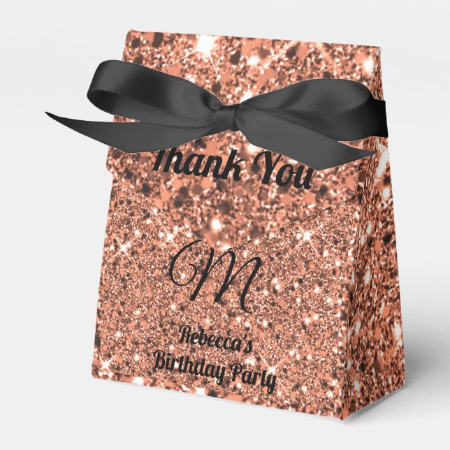 Elegant Rose Gold Glitter Thank You Monogram Black Favour Box (Front Side)