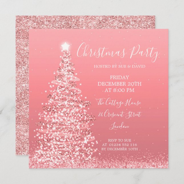 Elegant Rose Gold Glitter Tree Christmas Party Invitation (Front/Back)