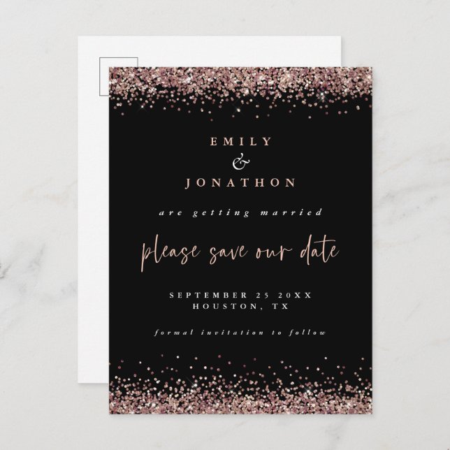 Elegant Rose Gold Glitter Wedding Black Save Date Announcement Postcard (Front/Back)
