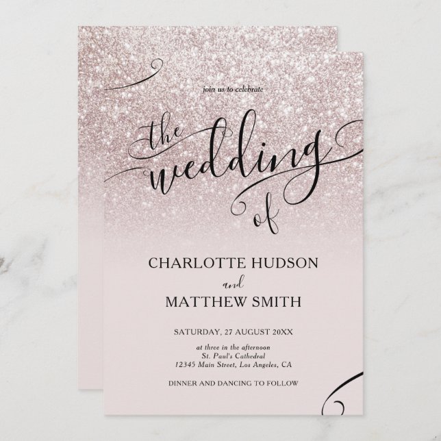 Elegant Rose Gold Glitter Wedding Invitation  (Front/Back)