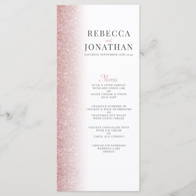 Elegant Rose Gold Glitter Wedding Menu Card (Front)