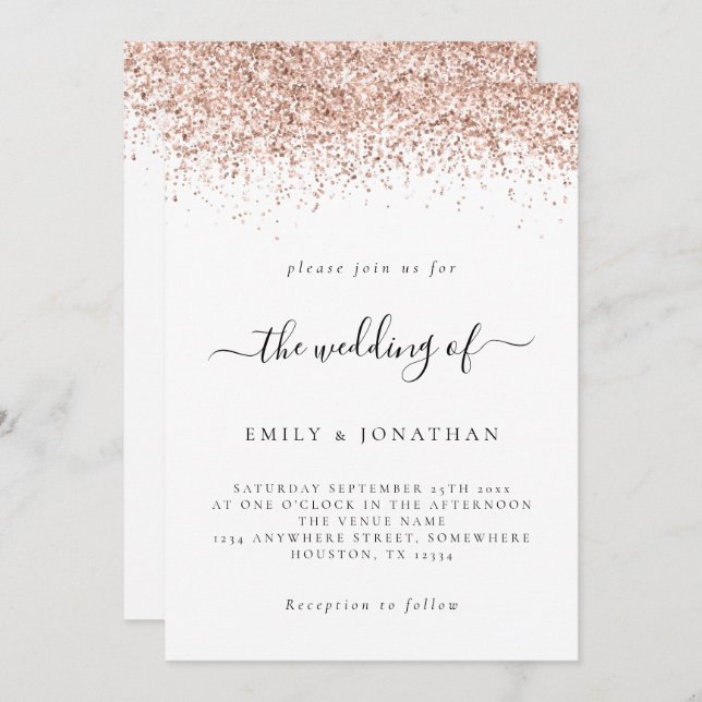 Elegant Rose Gold Glitter Wedding White Invitation (Front/Back)