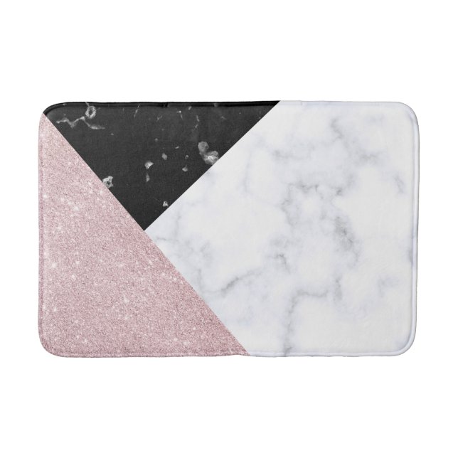 Elegant rose gold glitter white black marble bath mat (Front)