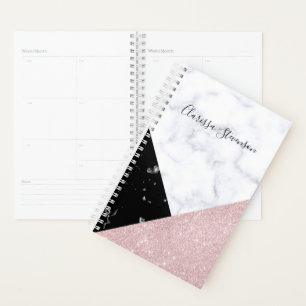 Elegant rose gold glitter white black marble planner