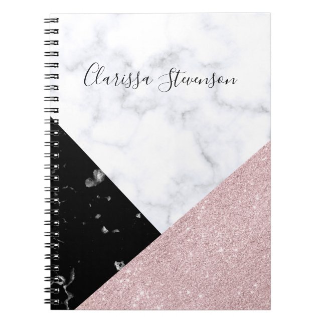 Elegant rose gold glitter white black marble spiral notebook (Front)
