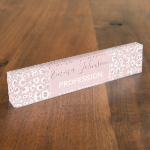 Elegant Rose Gold Glitter White Leopard Print Nameplate