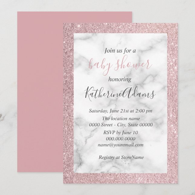 Elegant rose gold glitter white marble baby shower invitation (Front/Back)