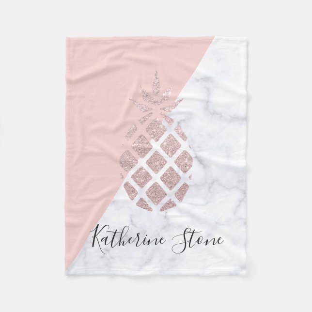 Elegant rose gold glitter white marble blush pink fleece blanket (Front)