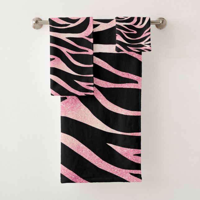 Elegant Rose Gold Glitter Zebra Black Animal Print Bath Towel Set (Insitu)